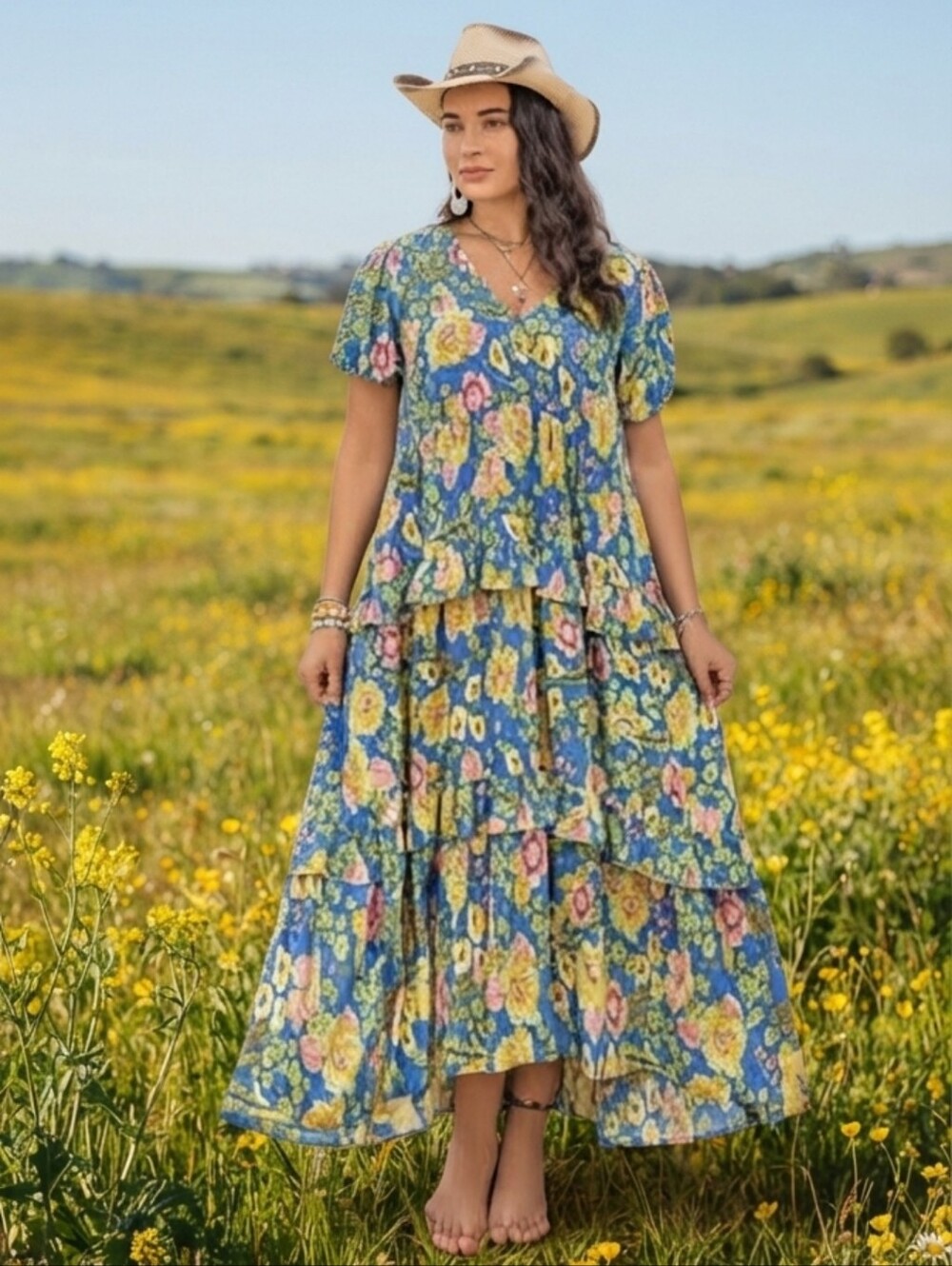 Boho Floral Tiered Maxi Dress in Blue